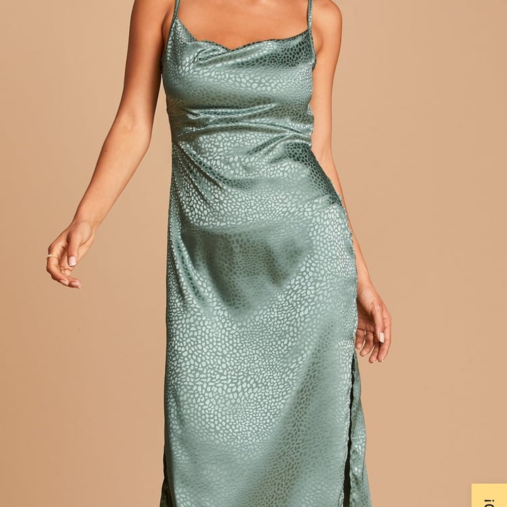 Lulus Total Stunner Sage Green Satin Jacquard Cowl Neck Midi Dress